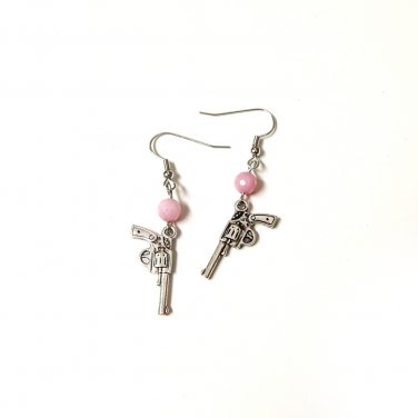 Pink Loaded Gun Pistol Revolver Earrings Silver Gun Metal