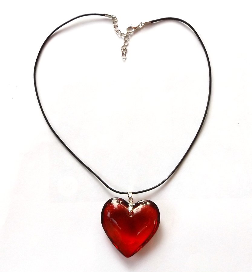 Ruby Red Glass Heart Pendant Necklace