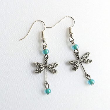 Lightweight Dragonfly Dangle Earrings with Turquoise Glass Beads