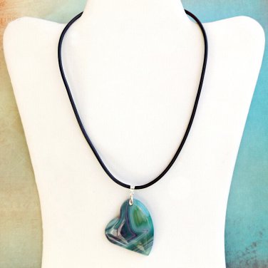 Blue and Green Agate Heart Pendant Leather Necklace