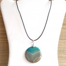 Green and Beige Round Agate Pendant Leather Necklace
