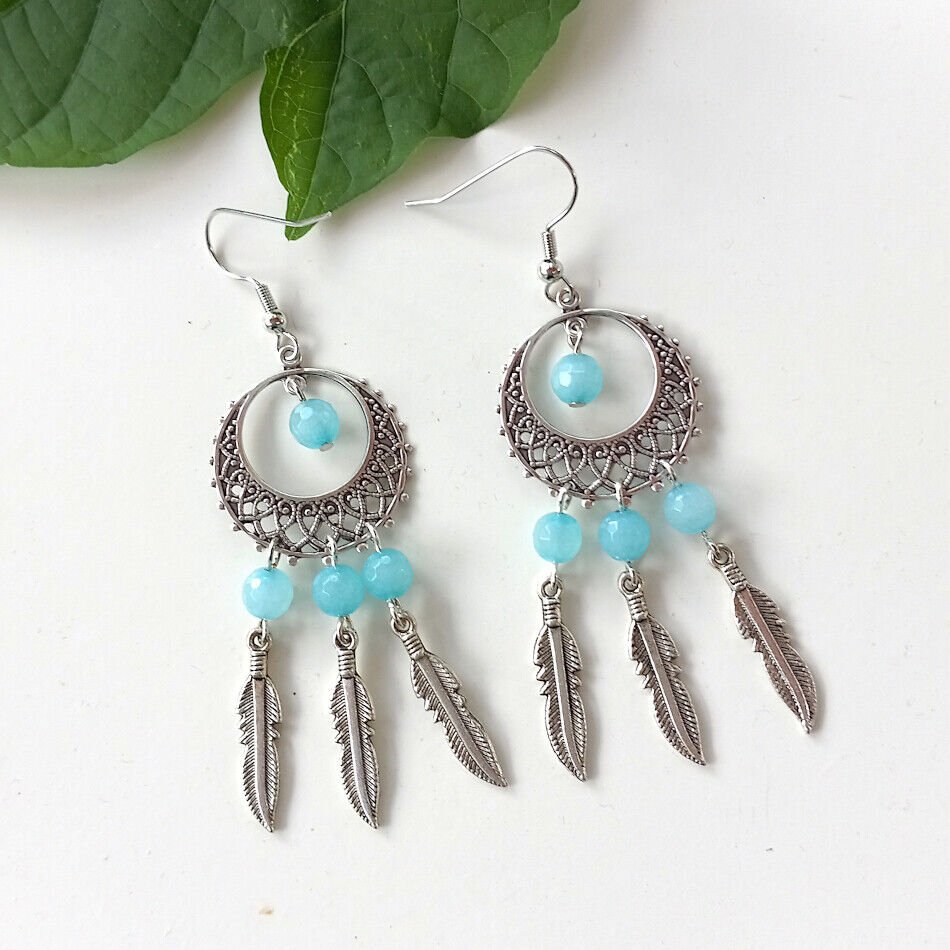 Silver Dreamcatcher Chandelier Dangle Earrings Turquoise Petite