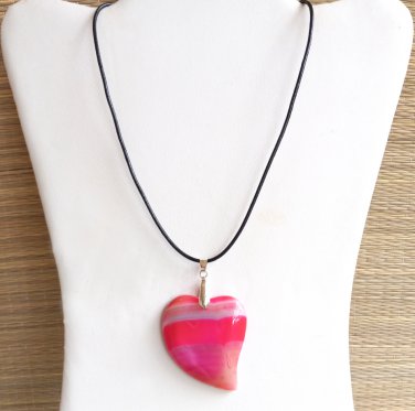 Pink Heart Striped Agate Focal Pendant Leather Necklace