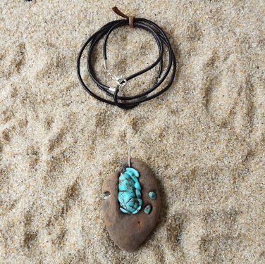 Texas Driftwood Pendant Leather Necklace Turquoise II Handmade