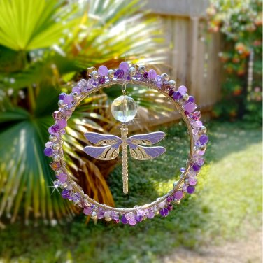 Beaded Dragonfly Suncatcher Prism Wire Wrapped Purple Lilac