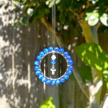 Beaded Suncatcher Cross Ornament Small Wire Wrapped Cobalt Blue