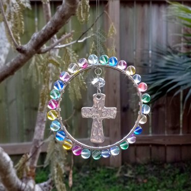 Beaded Cross Suncatcher Wire Wrapped Rainbow Color