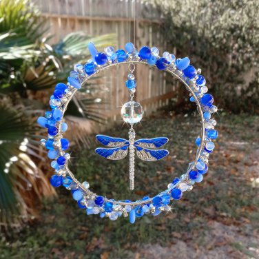 Beaded Dragonfly Suncatcher Prism Wire Wrapped Cobalt Blue