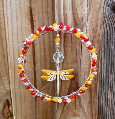 Beaded Dragonfly Suncatcher Prism Wire Wrapped Sunny Red Yellow