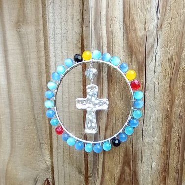 Beaded Cross Suncatcher Beaded Wire Wrapped Blue Yellow Red Black