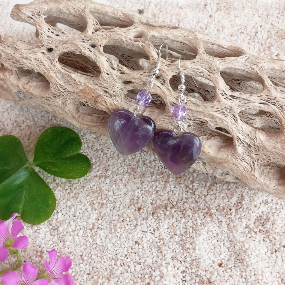 Beautiful Purple Amethyst Heart Dangle Drop Earrings