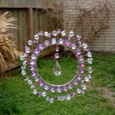 Beaded Sparkler Glass and Crystal Suncatcher Wire Wrapped Lavender Purple