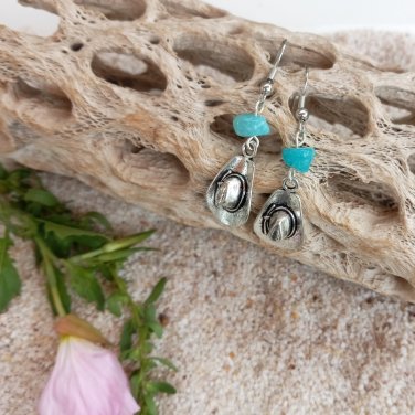 Silver Cowboy Hat Earrings with Turquoise Amazonite Pebbles
