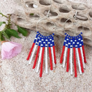 Beautiful USA Patriotic Flag Beaded Hoop Fringe Dangle Drop Earrings