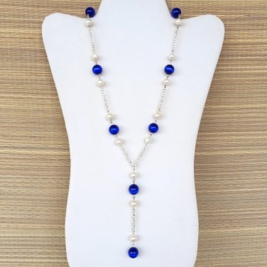 Beautiful Cobalt Glass Cat Eye and Fresh Water Pearl Necklace