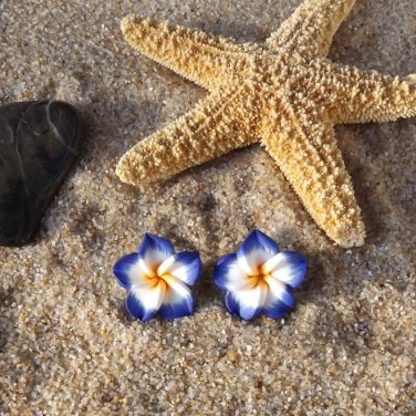 Blue Tropical Plumeria  Frangipani Flower Stud Earrings