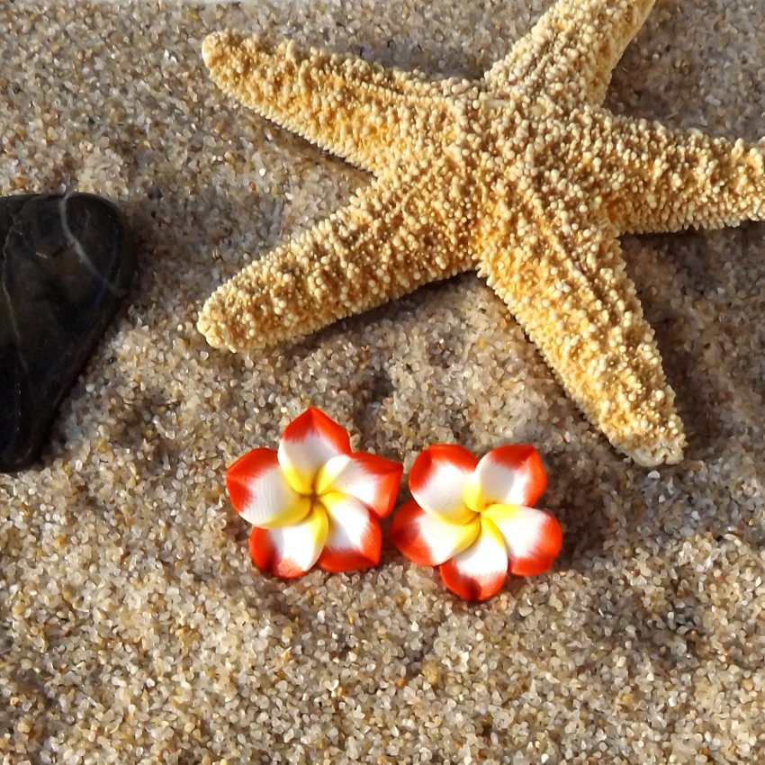 Red Tropical Plumeria Frangipani Flower Stud Earrings