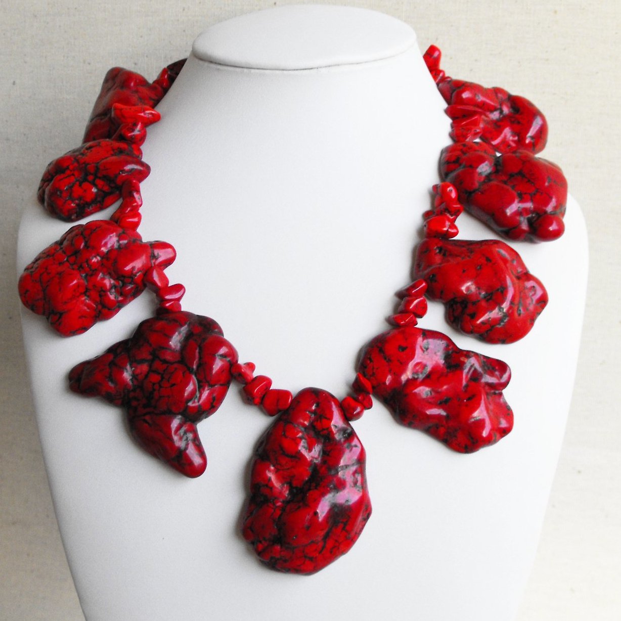 Super Chunky Natural Freeform Cherry Red  Red Turquoise Slab Statement Necklace II