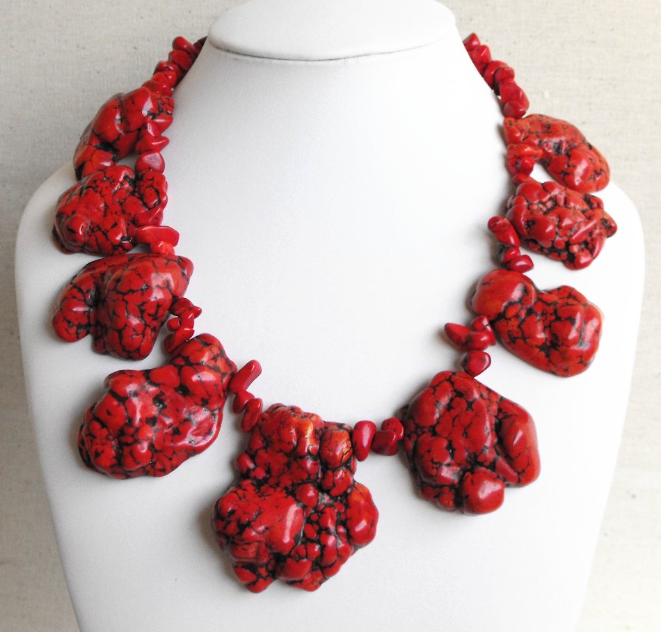 Super Chunky Natural Freeform Red Turquoise Slab Statement Necklace III