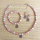 Pink Cats Eye Beaded Edelweiss Necklace Bracelet and EarringSet