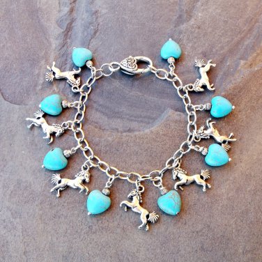 Silver Charm Bracelet With Horses and Turquoise Hearts