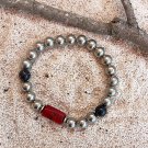Mens Silver Beaded and Coral Branch Gemstone Bracelet