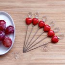 Party Appetizer or Cocktail Picks Stone Heart Red  Beaded Set of 6