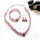 Pink Cats Eye Glass Beaded Edelweiss Necklace Bracelet and EarringSet
