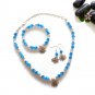 Blue Cats Eye Glass Beaded Edelweiss Necklace Bracelet and Earring Set