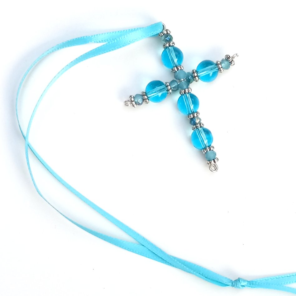 Beautiful Wire Beaded Cross Ornament Teal