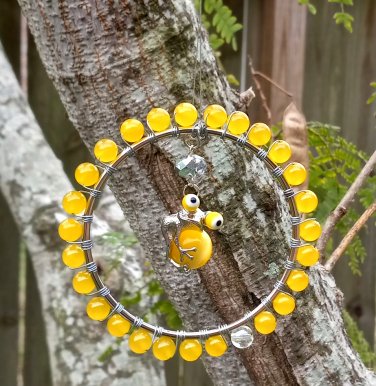 Frog Suncatcher Handmade Glass Beaded Wire Wrapped Sunshine Yellow