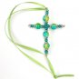 Beautiful Wire Beaded Cross Ornament Turquoise Yellow