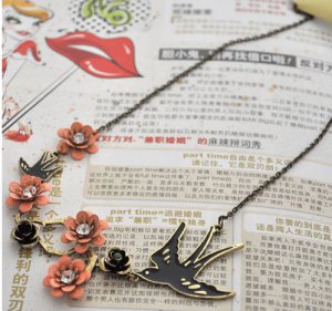 Swallow and Blossoming Flower Necklace