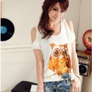 #1400353-Japanese Fashion Owl Patterned Off Shoulder Tops-3 Colors(White)