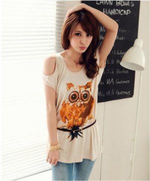 #1400353-Japanese Fashion Owl Patterned Off Shoulder Tops-3 Colors(Apricot)