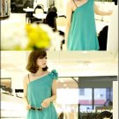 #1759265-Oblique Sling Chiffon Puff Dress-4 Colors(Blue)