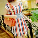 #168YY0546-Korean Fashion bat cuff stripes dress with belt