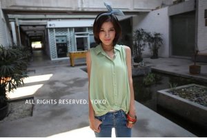 #1602020- small lapel button-fold cotton shirt-3 Colors(Green)