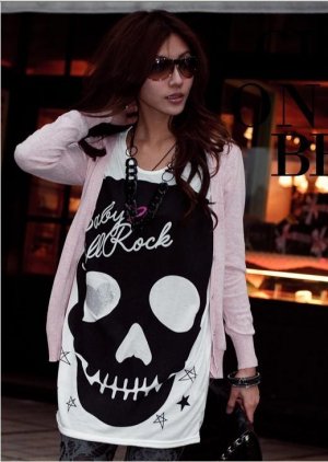 White Cotton Long Loose Big Skull T-Shirt