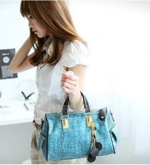 Blue Shiny Crocodile Pattern Boston Bag