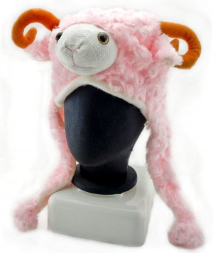 Pink Sheep Animals Mascot Plush Costume Mask Fur Hat Cap #11250