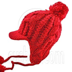 Plain Wooly Beanie with Earflaps Braids Poms (RED) #51427