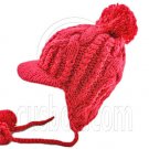Plain Wooly Beanie with Earflaps Braids Poms (CHERRY RED / CERISE) #51428