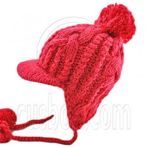 Plain Wooly Beanie with Earflaps Braids Poms (CHERRY RED / CERISE) #51428
