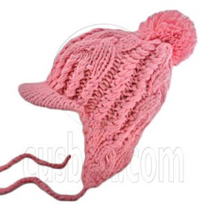 Plain Wooly Beanie with Earflaps Braids Poms (PINK) #51429