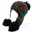 Color Wooly Pop Pom Beanie with Earflaps (BLACK BRAID POM) #51407