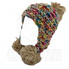 Color Wooly Pop Pom Beanie with Earflaps (BROWN BRAID POM) #51407