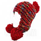 Color Wooly Pop Pom Beanie with Earflaps (RED BRAID POM) #51409