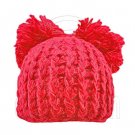 Warm Plain Wooly Beanie w/ Two Top Lovely Poms (CHERRY RED / CERISE) #51437