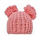 Warm Plain Wooly Beanie w/ Two Top Lovely Poms (PINK) #51438